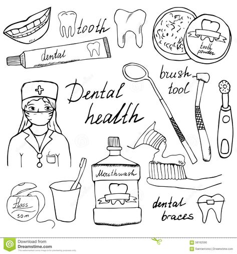 Illustration about Dental health doodles icons set. Hand drawn sketch with teeth, toothpaste toothbrush dentist mouth wash and floss. vector illustration isolated. Illustration of icon, doodle, human - 58162590 Dental Assistant Drawing, Dental Tools Drawing, Dentist Tools Drawing, Dental Health Coloring Pages Free Printable, Colgate Toothpaste Drawing, Dentist Doodle Art, Denture Drawing, Dental Sketches, Dentistry Drawing