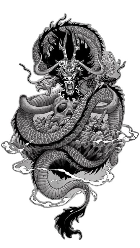 Traditional Tattoo Back Piece, Tattoo Back Piece, Tato Naruto, Dragon Tattoo Stencil, Kali Tattoo, Armband Tattoos For Men, Asian Dragon Tattoo, Tato Tradisional, Dragon Tattoo Art