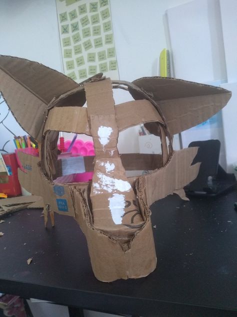 Therian Mask Tutorial Cardboard, Cardboard Therian Mask, Cardboard Fursuit, Mask Out Of Cardboard, Fox Mask Template, Cardboard Masks, Cat Mask Diy, Fnaf Crafts, Fursuit Tutorial