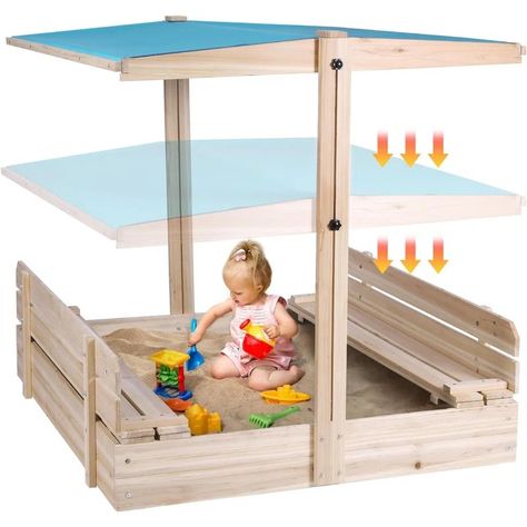 KING DO WAY Wood Square Sandbox with Lid and Cover, UV-Resistant Height Adjustable Roof, Sand Box with 2 Bench | Wayfair Sandbox With Canopy, Sandbox With Lid, Sandbox With Cover, Sand Boxes, Wooden Sandbox, Kids Sandbox, Playtime Is Over, Canopy Roof, Bench Seat Covers