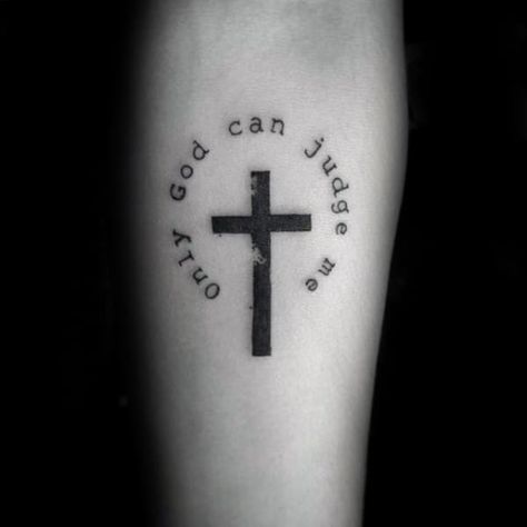 black cross with only god can judge me mens small simple inner forearm tattoo Wörter Tattoos, Only God Can Judge Me, Inner Forearm Tattoo, Cross Tattoo For Men, Faith Tattoo, God Tattoos, Small Tattoos With Meaning, Cross Tattoo Designs, Omerta Tattoo