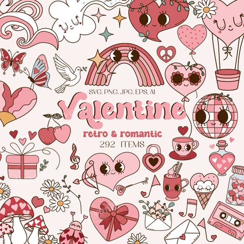 90s Valentines Aesthetic, Retro Valentines Day, Peace Heart, Valentines Day Clipart, Daisy Love, Love Potion, Retro Valentines, Cute Clipart, Journaling Ideas