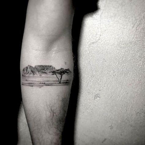 Cape Town Tattoo, Town Tattoo, Mountains Tattoo, Africa Tattoos, Animal Sleeve Tattoo, Forearm Band Tattoos, Landscape Tattoo, Healing Tattoo, Sketch Tattoo Design