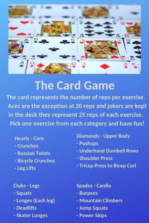 The workout game you don't even have to think about!  Grab a deck of cards, pick your poison and get started! Kid Exercises, Bootcamp Games, Creative Workouts, Exercise Games, Fitness Games, Bootcamp Workout, Pilates Bar, Card Workout, Cheer Practice