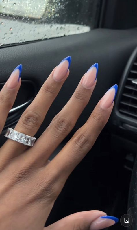 Medium Length Almond Nail Ideas, Blue French Almond Nails, Blue France Nails, Almond Nails French Tip Color, Blue French Tip Almond Nails, Almond Blue French Tip Nails, Nails Almond Blue, Blue Nails Acrylic Almond, Blue French Tips Almond