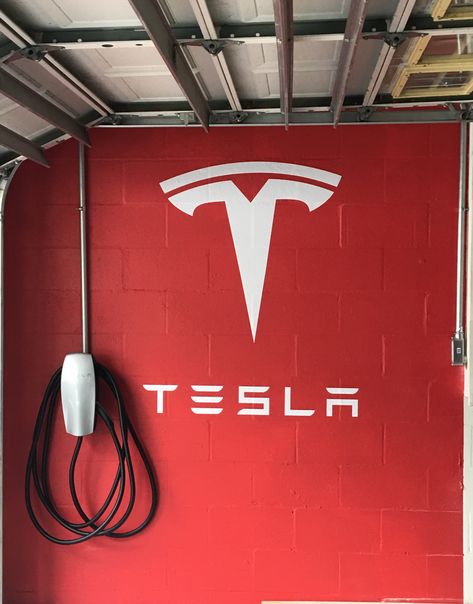 Tesla garage project complete! Tesla Garage Ideas, Tesla Garage, Ferrari Garage, Tesla Charger, Garage Epoxy, Charger Ideas, Garage Storage Inspiration, Tesla Accessories, Ev Chargers