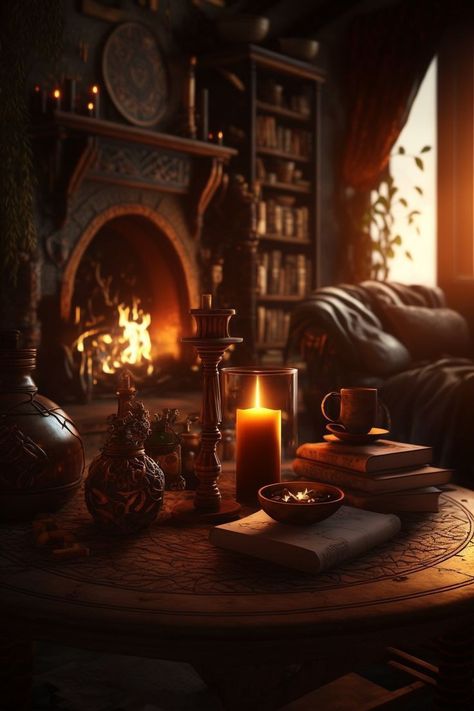 Cozy Fantasy Wallpaper, Elven Interior, Elven House, Fantasy Interior, Dark Cottagecore Aesthetic, Witchy Cottage, Dark Cottage Core, Storybook Homes, Open Fireplace