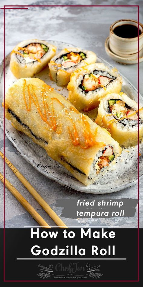 How To Make Fried Sushi Rolls, Crab And Cream Cheese Sushi Roll, Sushi Recipes Fried, Tempura Sushi Rolls, Crab Rangoon Sushi Roll Recipe, Godzilla Sushi Roll, How To Make Fried Sushi, Fried Sushi Rolls Recipes, Sushi Recipes Shrimp