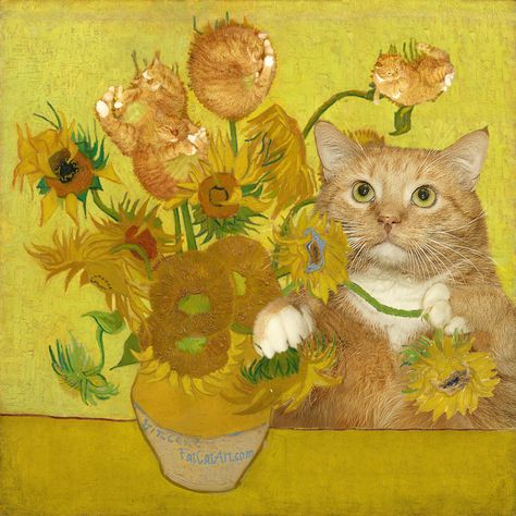 Vincent van Gogh, Sunflowers are ginger kittens by Fat Cat Art Ginger Kitten, Frida Art, Most Famous Paintings, Arte Van Gogh, Image Chat, Art Parody, Fat Cat, Famous Art, Ginger Cats