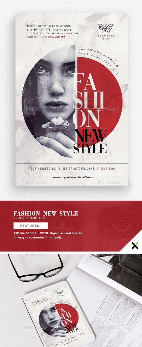 Fashion New Style Flyer Template boutique, chic, classy, couture, creative, disco, elegant, event, fancy, fashion, fest, glamour, invitation, marketing, mode, model, modern, new collection, night club, party, promotion, red, sexy, shop, shopping, show Features: The PSD file is 1725px x 2625px (5.5×8.5” with .25” bleeds) 300 DPI , CMYK The file is well organized, separated in color groups and layers named appropriately All easy to customize the title, text and colors Print ready Fashion Event Invitation, Party Promotion, Fashion Invitation, Color Groups, Classy Couture, Fashion Show Invitation, Template Text, Fancy Fashion, Night Clubs