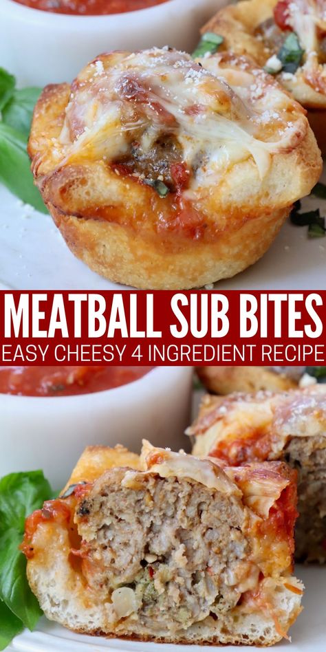 Make the best 4 ingredient Meatball Sub Bites for your next party, game day, or Friday night dinner! They're a great appetizer, party snack, or side dish to pair with your favorite Italian meal. This recipe is easy to make with pizza dough, marinara sauce, and mozzarella cheese in just 25 minutes, and it's always a crowd pleaser! Meatball Sub Bites, Make With Pizza Dough, Meatball Side Dishes, Meatball Appetizer Recipe, Meatball Dinner, Cheesy Appetizer, Meatball Sub, Pizza Appetizers, Popular Appetizers