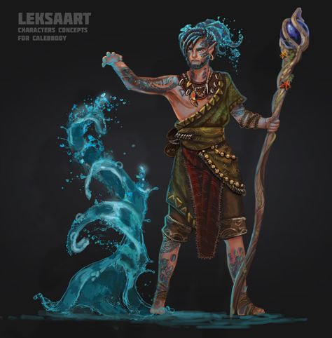 ArtStation - Water druid male, Leksa ART Dnd Ocean Character, Water Mage Art, Water Druid Dnd, Water Elemental Male, Water Mage Character Design, Dnd Druid Male, Water Druid, Sea Druid, Water Genasi Druid