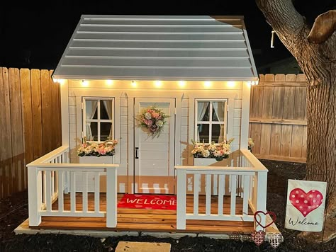 Kids Playhouse Snowy Owl- Wooden Outdoor Playhouse Playhouse Made From Old Doors, Plans For Playhouse Easy Diy, Wooden Wendy House, Playhouse With Porch, Unique Playhouse Outdoor, Wooden Wendy House Ideas, Playhouse Add Ons, Toddler Playhouse Outdoor, Play House Inside Ideas