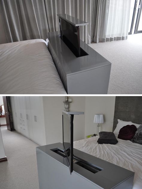 7 Ideas For Hiding A TV In A Bedroom // The TV built into the foot of this bed rises up and swivels to allow for bed viewing as well as viewing from any other angle in the bedroom. Beds With Tv Built In, Tv At Foot Of Bed Hidden Tv, Tv Beds Hidden Tv, Hidden Tv Ideas Bedroom, Bed With Tv Built In, Tv In Small Bedroom Ideas, Small Bedroom Tv Ideas, Bedroom Ideas Tv, Tv In A Bedroom