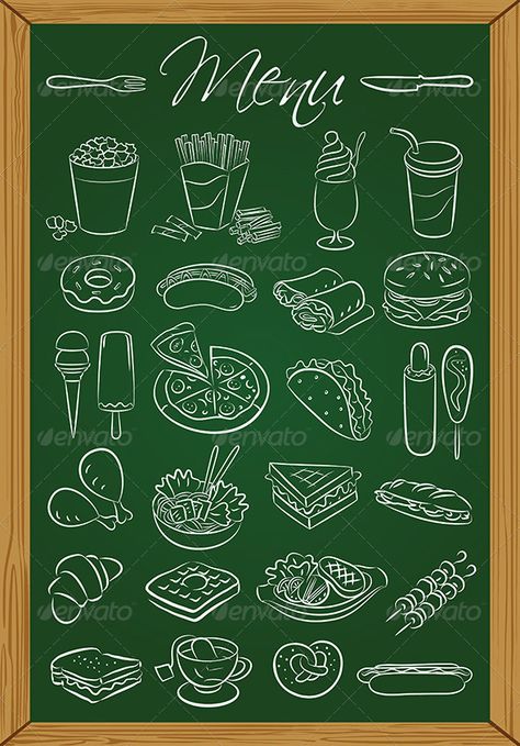 Food Menu Cafe Chalkboard, Chalk Menu, Blackboard Menu, Cafe Menu Design, Menu Illustration, Blackboard Art, Chalkboard Vector, Kitchen Chalkboard, Green Chalkboard