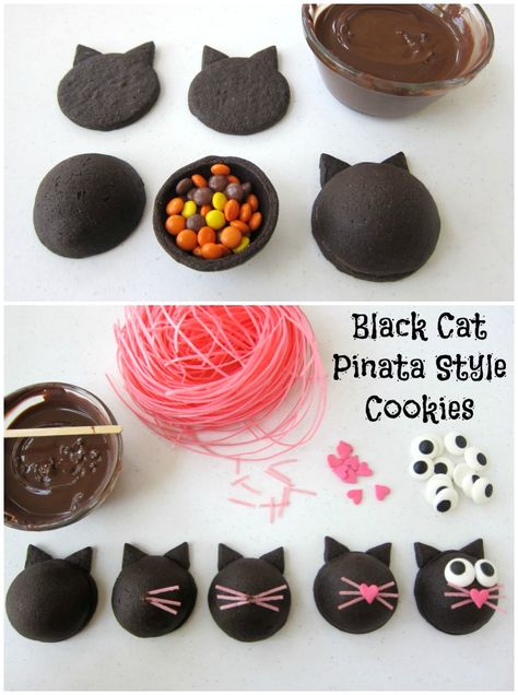 How to make Black Cat Pinata Style Cookies filled with Halloween candy. Tutorial at Hungry Happenings. Cat Cake Pops, Cat Pinata, Pinata Cookies, Black Cat Cookies, National Black Cat Day, Black Cat Day, Cute Halloween Treats, Notes Tips, Cookies Halloween