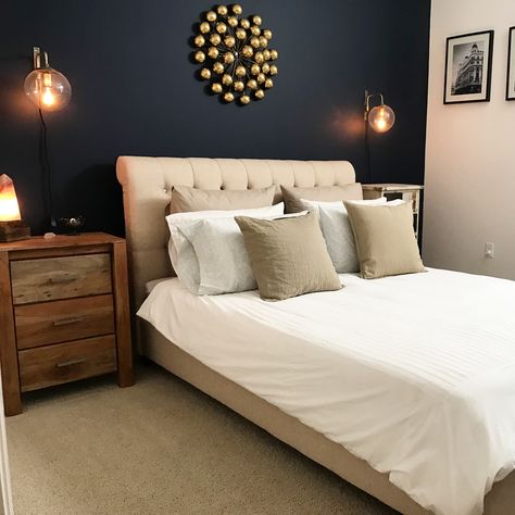 Small Navy Bedroom, Navy And Wood Bedroom, Dark Blue Feature Wall Bedroom, Cream And Navy Bedroom, Beige And Navy Bedroom, Navy Feature Wall Bedroom, Navy And Cream Bedroom, Navy Bedroom, Navy Bedroom Ideas