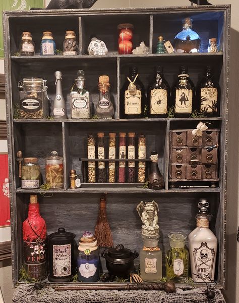 Potions cabinet with Harry Potter themed ingredients Potion Display Halloween, Witch Potion Shelf, Snapes Potion Room, Harry Potter Magic Potions, Potion Ingredients Harry Potter, Potion Bottle Decorations, Apocathary Decor, Witches Potion Station, Potion Bottle Display