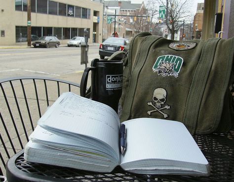 My trusty satchel and notebook out in front of the Donkey cafe' in Athens, Ohio. The notebook was about ready to full of letters, post-cards and stuff so I had to retire it shortly after this picture was taken. Art Bullet Journal, Notebook Writing, Athens Ohio, Bullet Journal Spreads, Reading Motivation, Journal Spreads, For Journal, Diary Ideas, Bujo Inspiration