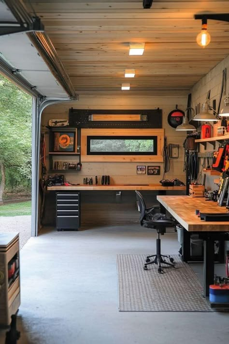 Garage Office Workshop, Construction Shop Organization, Detached Garage Workshop, Garage Sleepout Ideas, Finished Detached Garage Interior, Home Office In Garage Ideas, Half Garage Half Office, Multi Use Garage Ideas, Mens Garage Ideas