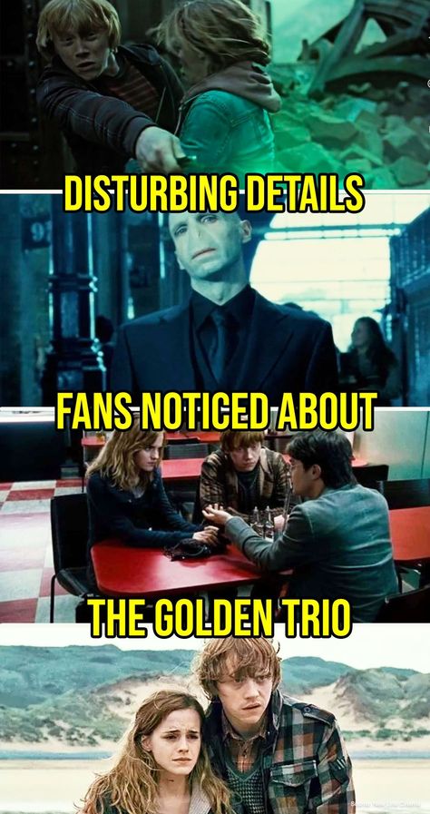 Harry, Ron, and Hermione's experience throughout their Hogwarts career was shockingly dark and disturbing. These fans pointed out a number of those moments from the story. #harrypotter #goldentrio #hogwarts #darksecrets #fanobservations #disturbingdetails #hermionegranger #ronweasley Voldemort Over Dumbledore Grave Funny, Harry Potter Secrets, Dark Golden Trio, Harry Potter Book Vs Movie, Hermione And Draco Fan Art, Ronmione Fanart, Ron And Hermione Fanfiction, Ron And Hermione Headcanon, Harry Potter Funny Photos