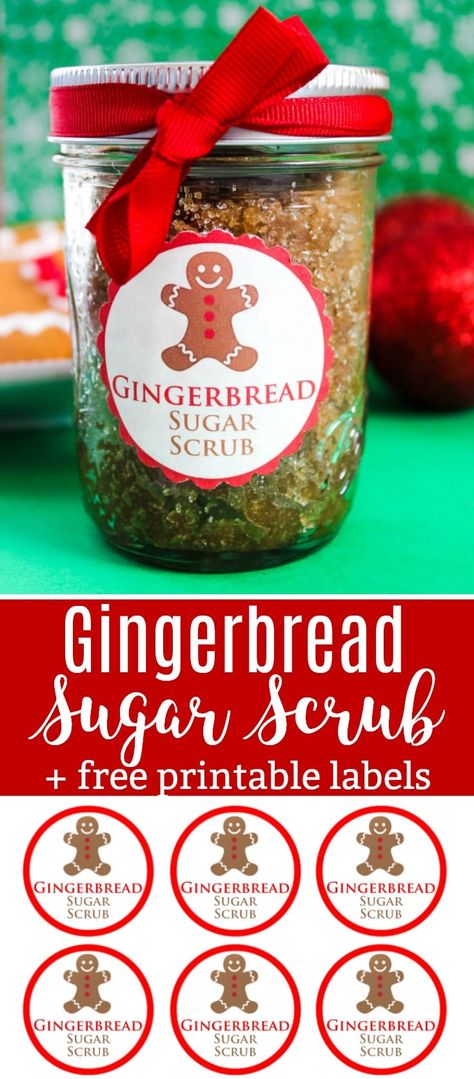 Gingerbread Sugar Scrub Recipe with Free Printable Labels - Perfect for Gift Giving! #Christmas #diyscrafts #sugarscrub #homemadegifts #holidayrcrafts #bodyscrubs #printables Gingerbread Scrub, Gingerbread Sugar Scrub, Sugar Scrub Labels, Homemade Scrubs, Diy Sugar Scrub Recipe, Homemade Spa, Gingerbread Party, Gingerbread Diy, Soap Packing