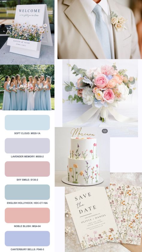 Spring Color Palette Wedding Colour Schemes, Christian Wedding Theme Color Palettes, Wedding Pastel Decoration, Bridergton Wedding Theme, Pastel Blue And Pink Wedding Theme, Beach Wedding Pastel Colors, Summer Wedding Color Palette Pink, Pink And Blue Wedding Party, Wedding Pastel Color Schemes