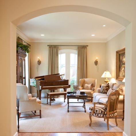 Sherwin Williams SW6120- Believable Buff via houzz Piano Room Design, Grand Piano Living Room, Grand Piano Room, Piano Room Decor, Piano Living Rooms, Baby Grand Piano, Living Room Decor Country, Traditional Family Room, French Country Living Room