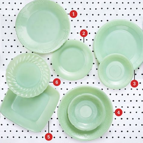 Jadeite patterns: 1-sheaves of wheat, 2-restaurant ware, 3-Jane Ray, 4-Alice, 5-Charm, 6-Shell Green Milk Glass, Vintage Bakeware, Hoosier Cabinet, Vintage Dishware, Green Glassware, Glass Ware, Green Things, Antique Dishes, Antique Pottery