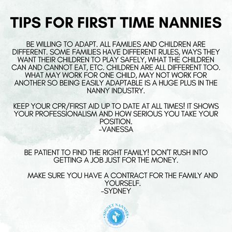 These tips for new nannies come from our current Signet nannies! What would you add to this list?   #signetnannies #atlantananny #birminghamnanny #nannyplacementagency #boisenanny #NannyAgency #birminghamalabama #ChildcareExperts #birminghamfamily #atlantafamily #boiseidaho #atlantageorgia #atlantafamilies #atl Live In Nanny Aesthetic, Nanny Aesthetic, Nanny Tips, In Home Childcare, Nanny Agency, Nanny Ideas, Live In Nanny, Nanny Life, Home Childcare