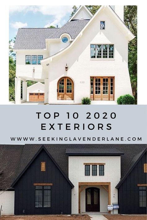 Top 10 European Farmhouse Exteriors | Seeking Lavender Lane White House Bronze Windows Exterior, White House With Black Accents Exterior, Gray And White Exterior House Colors, Paint Colors For Exterior Of House, Modern Home Exterior Paint Colors, Modern Farmhouse Exteriors, Modern Farmhouse Home Exterior, Stucco House Exterior, European Farmhouse Exterior