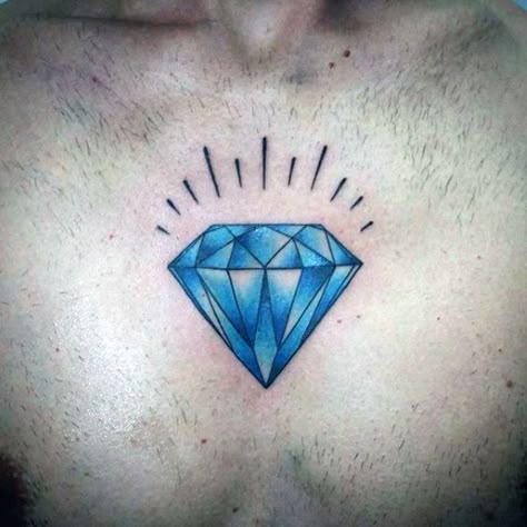 Middle Of Chest Traditional Blue Diamond Tattoos For Men Blue Diamond Tattoo, Diamond Tattoo Men, Diamond Tattoo Meaning, Traditional Diamond Tattoo, Diamond Tattoo Designs, Diamond Tattoo, Small Chest Tattoos, Retro Tattoos, Diamond Tattoos