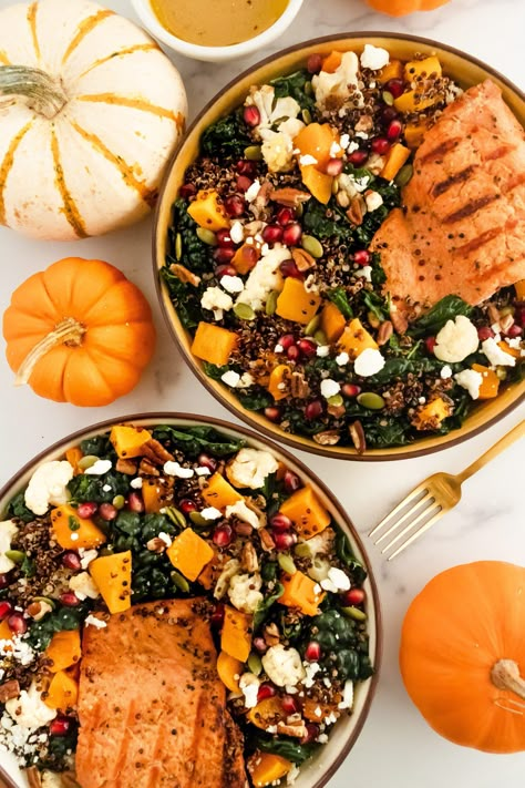 Fall Salad Butternut Squash, Fall Dinner Bowls, Fall Meatless Meals, Fall Salmon Salad, Salmon Harvest Bowl, Winter Salmon Salad, Fall Meal Prep Dinner, Fall Foods Healthy, Salmon Butternut Squash