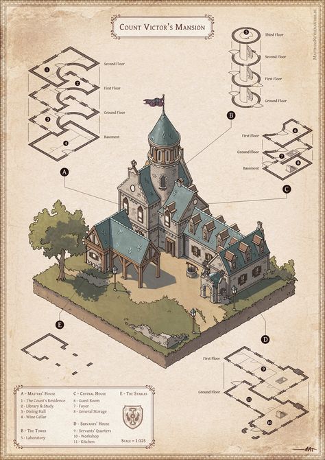 Personal Work, 2016. Medieval Manor House, Vampire Mansion, Isometric Map, 3d Karakter, Rpg Map, Building Concept, Isometric Art, House Layout, Dungeon Maps