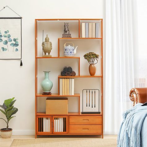 MoNiBloom Bamboo Modern Bookcase, Open Bookshelf, Books Display Shelf for Home | Wayfair 1970s Bookshelf, Funky Bookcase, Cool Bookshelf Ideas, Japandi Bookshelf, Unique Book Shelf, Nordic Shelves, 1960s Room, Boho Bookshelf, Plants For Decoration