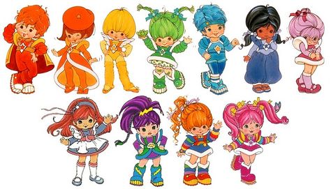 Rainbow Brite and Friends Clockwise from top left: Red Butler, Lala Orange, Canary Yellow, Patty O'Green, Buddy Blue, Indigo, Shy Violet, Tickled Pink, Rainbow Brite, Stormy, Moonglow. Cartoon Rainbow, 1980s Childhood, Cartoon Girls, 80s Cartoon, Rainbow Bright, 80s Cartoons, Rainbow Brite, Canary Yellow, Rainbow Kids