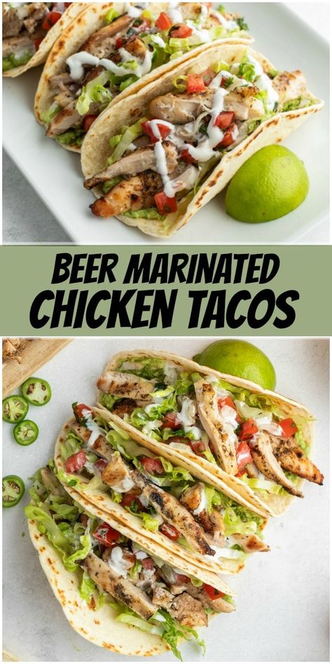 Beer Marinated Chicken Tacos recipe from RecipeGirl.com #beer #marinade #marinated #chicken #tacos #taco #recipe #RecipeGirl Beer Chicken Marinade, Beer Marinated Chicken, Beer Marinade, Taco Recipes Mexican, Chicken Tacos Recipe, Beer Chicken, Chicken Taco Recipes, Breakfast Recipes Sweet, Taco Recipe