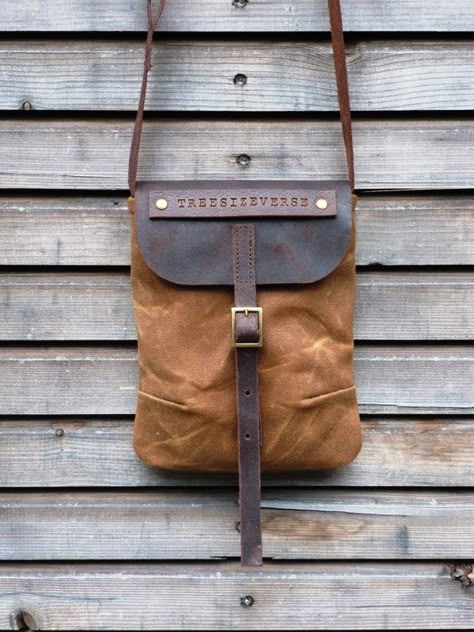 Waxed canvas day bag/small messenger bag with waxed brown leather strap Leather Canvas Bag, Linen Bags, Canvas Leather Bag, Upcycled Leather, Small Messenger Bag, Leather Carving, Leather Crafts, Brown Leather Strap, Leather Projects