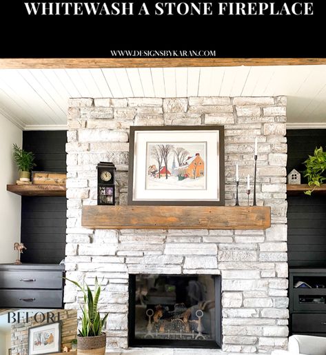 Designs By Karan - Page 2 of 16 - Interior Design, Decor and Lifestyle Whitewash Stone Fireplace, Painted Stone Fireplace, White Stone Fireplaces, Stone Fireplace Makeover, How To Whitewash, Design Camino, Fireplace Redo, Fireplace Update, Paint Fireplace