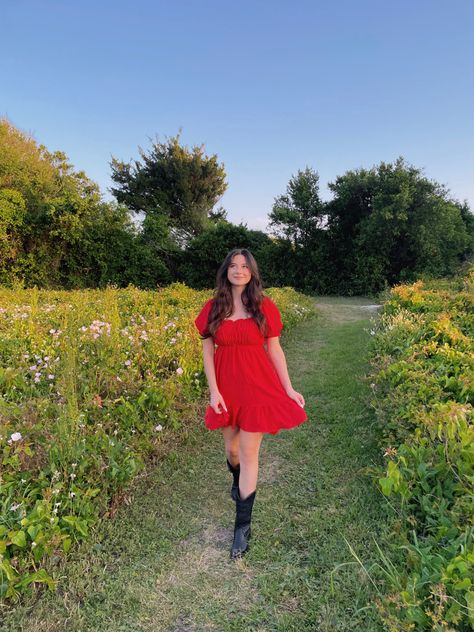 Red Dress Cowboy Boots Outfit, Red Dress With Cowboy Boots, Red Dress Cowgirl Boots, Mini Dress With Cowgirl Boots, Red Dress Western Outfit, Cowboy Boot And Dress Outfit, Red Cowgirl Boots Outfit Summer, Black Dress Red Cowgirl Boots, Red Cowgirl Outfit