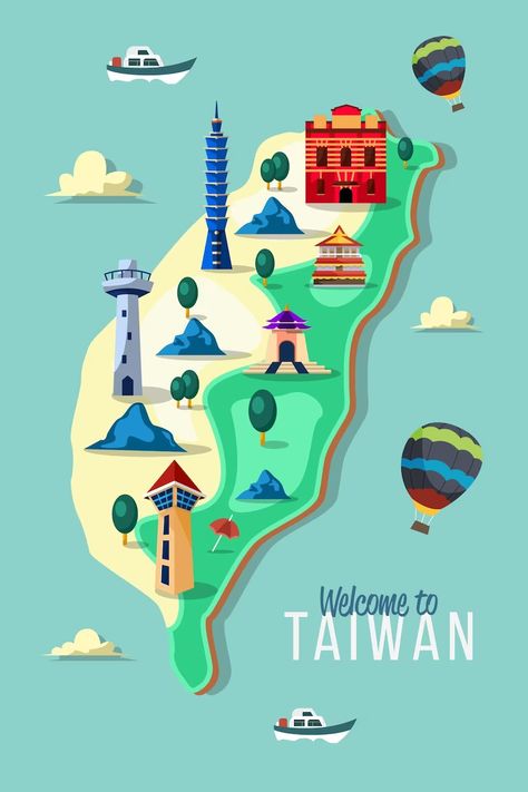 Free Vector | Taiwan map with landmarks Taiwan Map, Journal Doodles, Taiwan, Graphic Resources, Vector Free, Doodles, Map