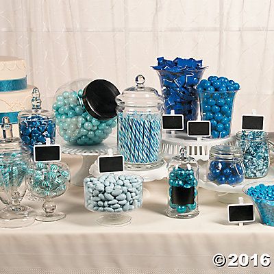 Something Blue Wedding Candy Buffet Idea Wedding Shower Candy Bar, Diy Candy Table, Wedding Candy Bar Buffet, Blue Candy Table, Candy Bar Wedding Reception, Reception Display, Blue Candy Bars, Bridal Shower Candy Bar, Sweet 16 Winter Wonderland