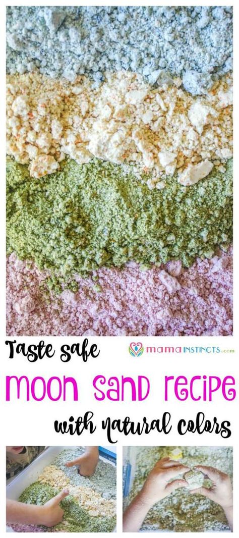 Try this taste safe moon sand recipe with your baby, toddler or kid. Add in a few toys or kitchen utensils for some sensory play fun that’s safe and non-toxic. This recipe only uses 2 ingredients + natural food dyes. Moon Sand Recipe, Natural Food Dyes, Sand Recipe, Sands Recipe, Natural Food Dye, Moon Sand, Baby Play Activities, Sensory Bottles, Food Dye