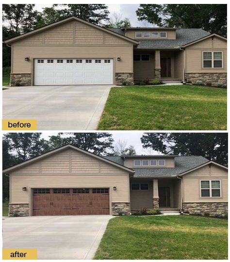 October 2018 Garage Door Makeover Before & After Photo Brown Garage Door, Garage Door Colors, Garage Door House, Garage Door Paint, Door Makeover Diy, Modern Garage Doors, Garage Door Types, Garage Door Styles, Trendy Door