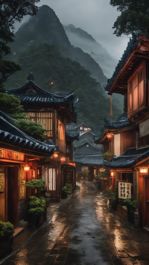 Chinese Village Aesthetic, Silkpunk Aesthetic, Japanese House Wallpaper, Old Japanese Village, China Street Aesthetic, Traditional Japanese Mansion, Chinese Streets, Traditional Japanese Aesthetic, Japanese Neighborhood