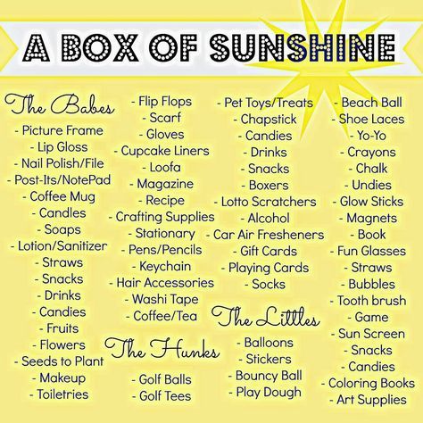 box of sunshine ideas A Box Of Sunshine, Sunshine Box, Secret Pal, Secret Sister, Box Of Sunshine, Secret Sisters, Care Package Ideas, College Care Package, Package Ideas