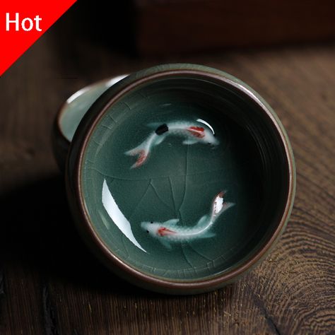 2pcs Chinese Longquan Celadon Porcelain Teacups teapot Tea Bowl Golden Fish 60ml China teaset Tea Pot Celadon Crackle Tea Set-in Coffee & Tea Sets from Home, Kitchen & Garden on Aliexpress.com | Alibaba Group Karp Koi, Chinese Tea Pot, Design Japonais, Epoxy Art, Golden Fish, Carpe Koi, Beautiful Tea, Tassen Design, Zhejiang China