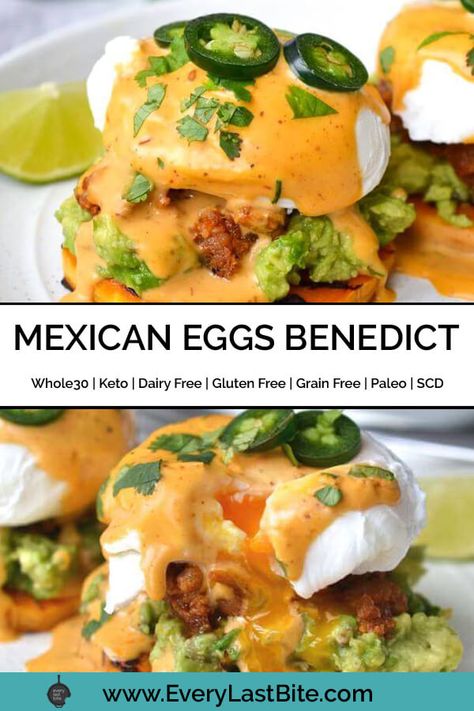 This Mexican Eggs Benedict is one of my absolute favourite things to enjoy for breakfast or brunch. The combination of spicy chorizo, smashed avocado, jalapenos and chipotle hollandaise is insanely delicious! This drool worthy breakfast is Whole30, Paleo, Keto, Grain Free, Gluten Free and Specific Carbohydrate Diet Legal. Eggs Benedict Southwest, Eggs Benedict On Biscuit, Eggs Benedict With Avocado, Linguica Breakfast Recipes, Spicy Chorizo Recipes, Best Mexican Breakfast Recipes, Breakfast Ideas Chorizo, Pesto Breakfast Ideas, Crazy Breakfast Ideas