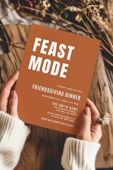 Switch to Feast Mode! 🦃🍂 Get ready for a Friendsgiving celebration filled with delicious food and great company. This modern orange and white invite sets the perfect tone for your gathering. Plus, it's editable in Canva, making it easy to customize for your festive feast. Let's eat and celebrate together! #Friendsgiving #FeastMode #PartyInvite #MinimalistInvite #thanksgivingdinner #thanksgivinginvite #friendsgivinginvite #friendsgivingdinner #potluckdinner #turkeydinner Fall Potluck, Friendsgiving Dinner Invitation, Friendsgiving Invite, Feast Mode, Templates Birthday, Potluck Dinner, Friendsgiving Dinner, Friendsgiving Party, Diy Party Decor