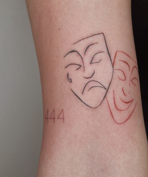 Tattoo Comedy Tattoo Ideas, Tattoos For Actors, Comedy Tragedy Masks Tattoo, Theater Masks Tattoo, Masquerade Mask Tattoos For Women, Comedy And Tragedy Tattoo, Comedy Tragedy Tattoo, Theater Tattoo Ideas, Theatre Masks Tattoo